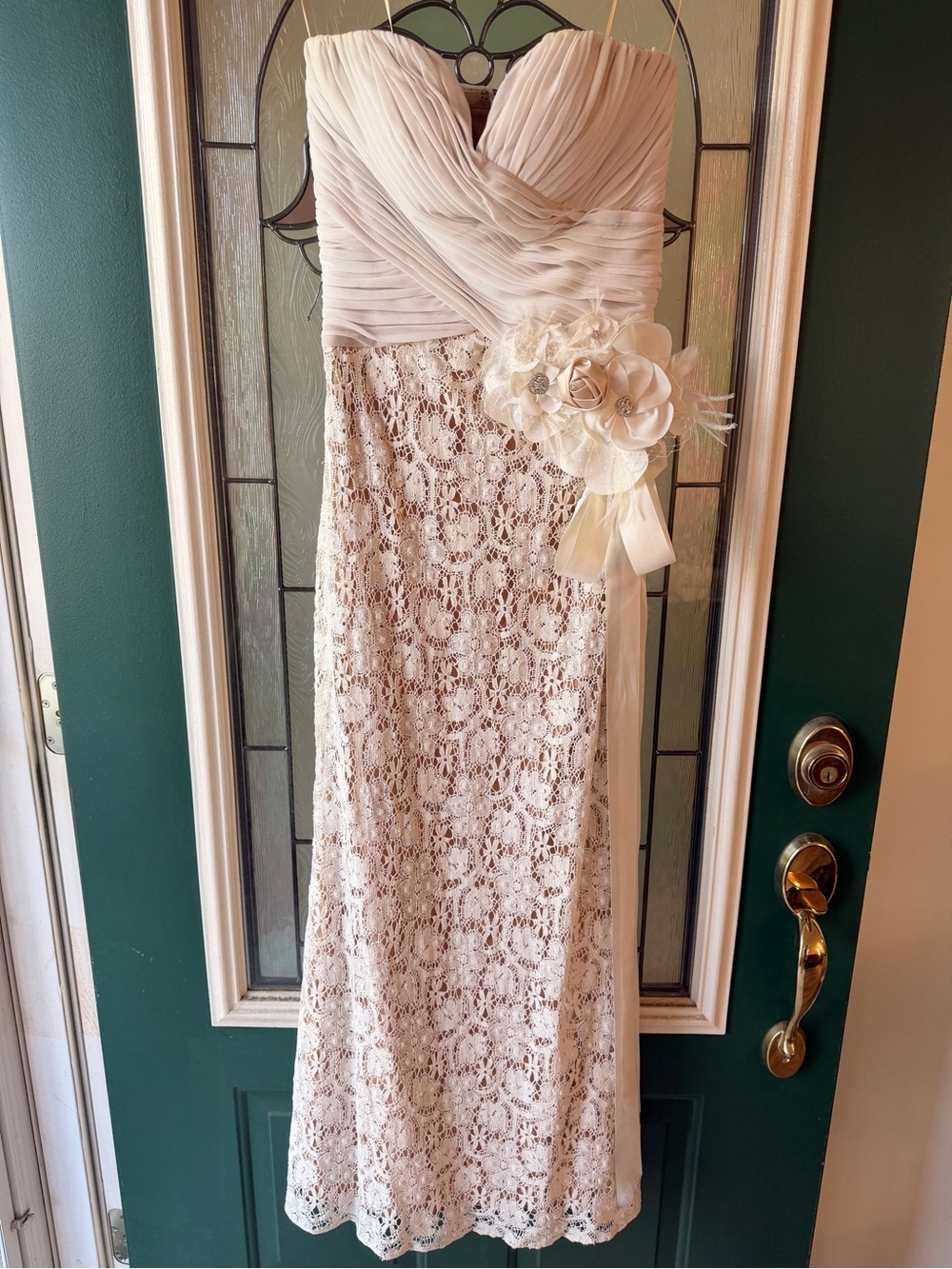 JS Collections Strapless Ivory Lace Gown with Floral Sash